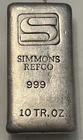Vintage Simmons Refining 10 Troy Ounce .999 Old Pour Silver Bar. Type B Variety