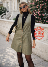 ZARA Green Faux Leather Pinafore Dress NWT Button Front Jumper Mini S M