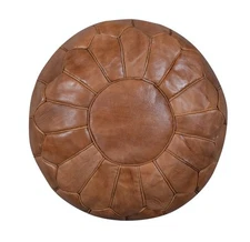 Hand-Tooled Brown Round Geniune Leather Pouf. UNSTUFFED. Custom Option Available