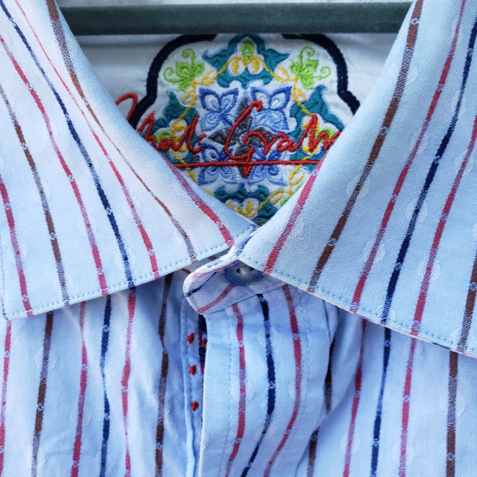 Robert Graham многоцветный полоски хлопок платье рубашка XL контраст Flip манжеты Индии - Изображение 3 из 4