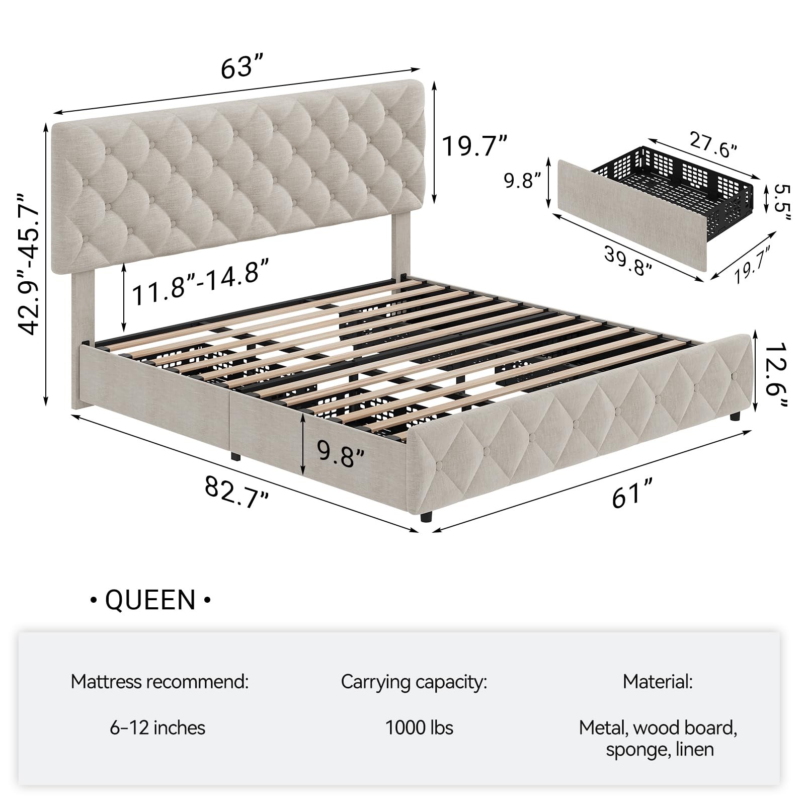 W/ 4 Storage Drawers & Headboard Full Queen King
