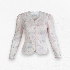 80s Vintage Pastel Pink Floral Lace Embellished Romantic Blazer Jacket Size 8