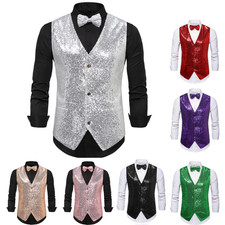 Sequins Vest Men's V-Neck Slim Fit Shiny Disco Party Waistcoat Sleeveless Jacket