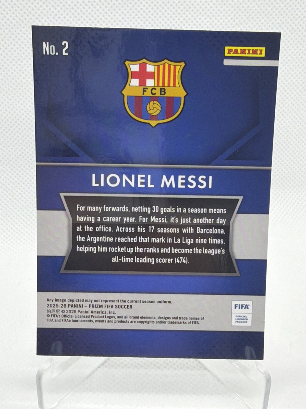2025-26 Panini Prizm FIFA Lionel Messi 2015 Prizm Flashback FC Barcelona view 2