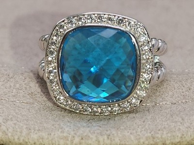 David Yurman Sterlingsilber 925 Blautopas Albion 11 x 11 mm Diamant Ringgröße 6