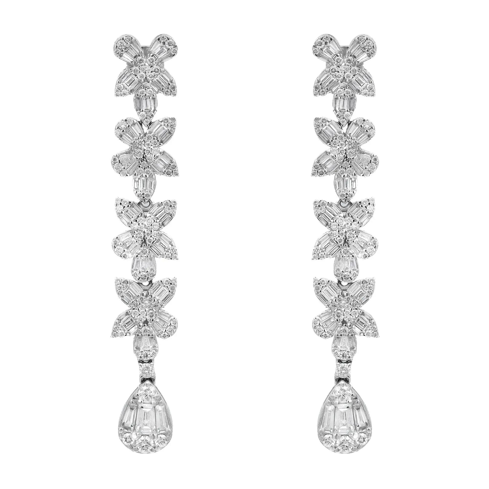 Длинные серьги в виде цветочных капель с бриллиантами багетной и круглой огранки из Белого золота 14 Карат весом 32 Карата 776190₽
