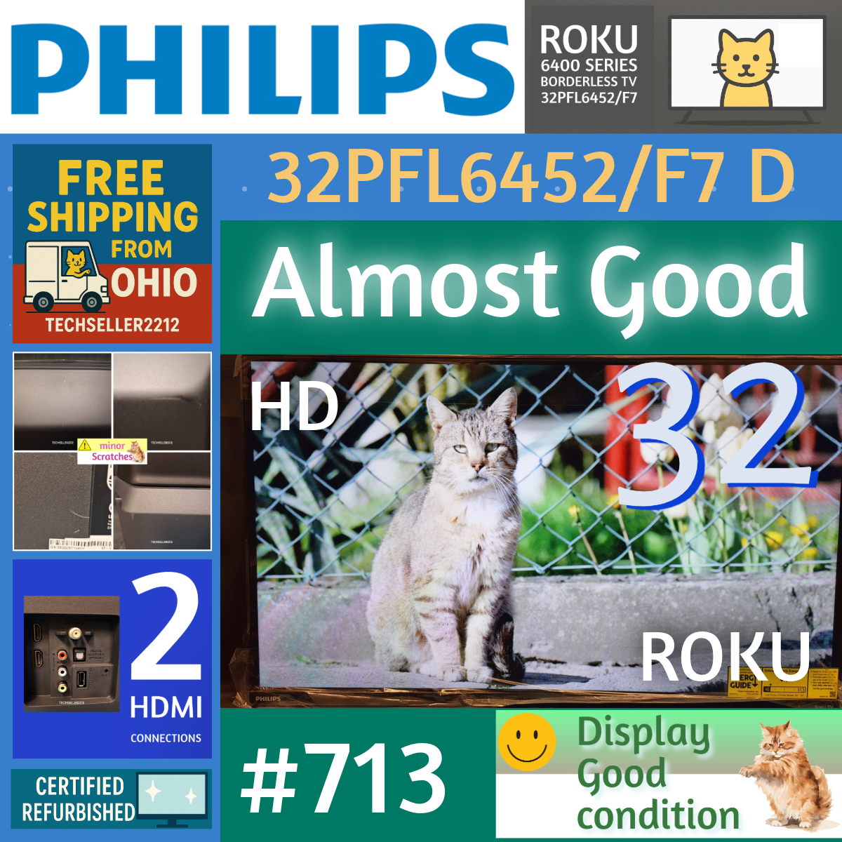 Philips 32-inch HD 720P Smart Roku LED TV with Borderless Design and Remote Stand 32PFL6452/F7D