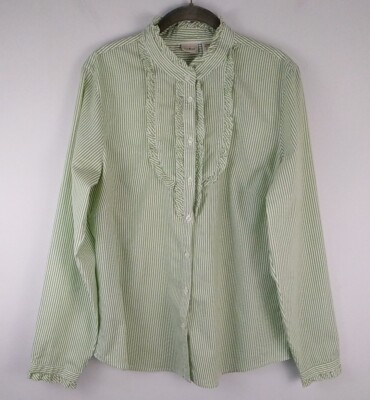 L.L. Bean Green & White Striped Mocked Neck Ruffle Front Top L Womens Cotton