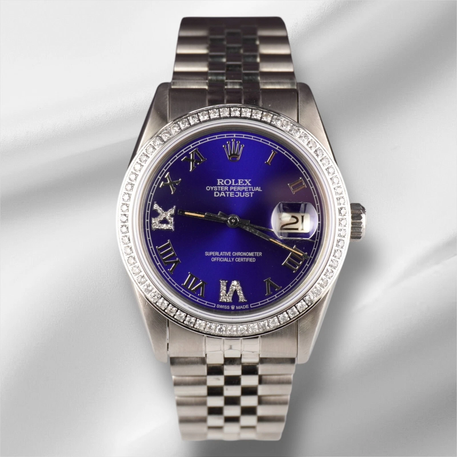 Rolex — Rolex Men's Datejust 36mm Jubilee Steel Watch ICED 1.25ct Diamonds Blue Dial
