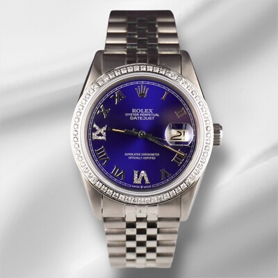 Rolex Men's Datejust 36mm Jubilee Steel Watch ICED 1.25ct Diamonds Blue Dial