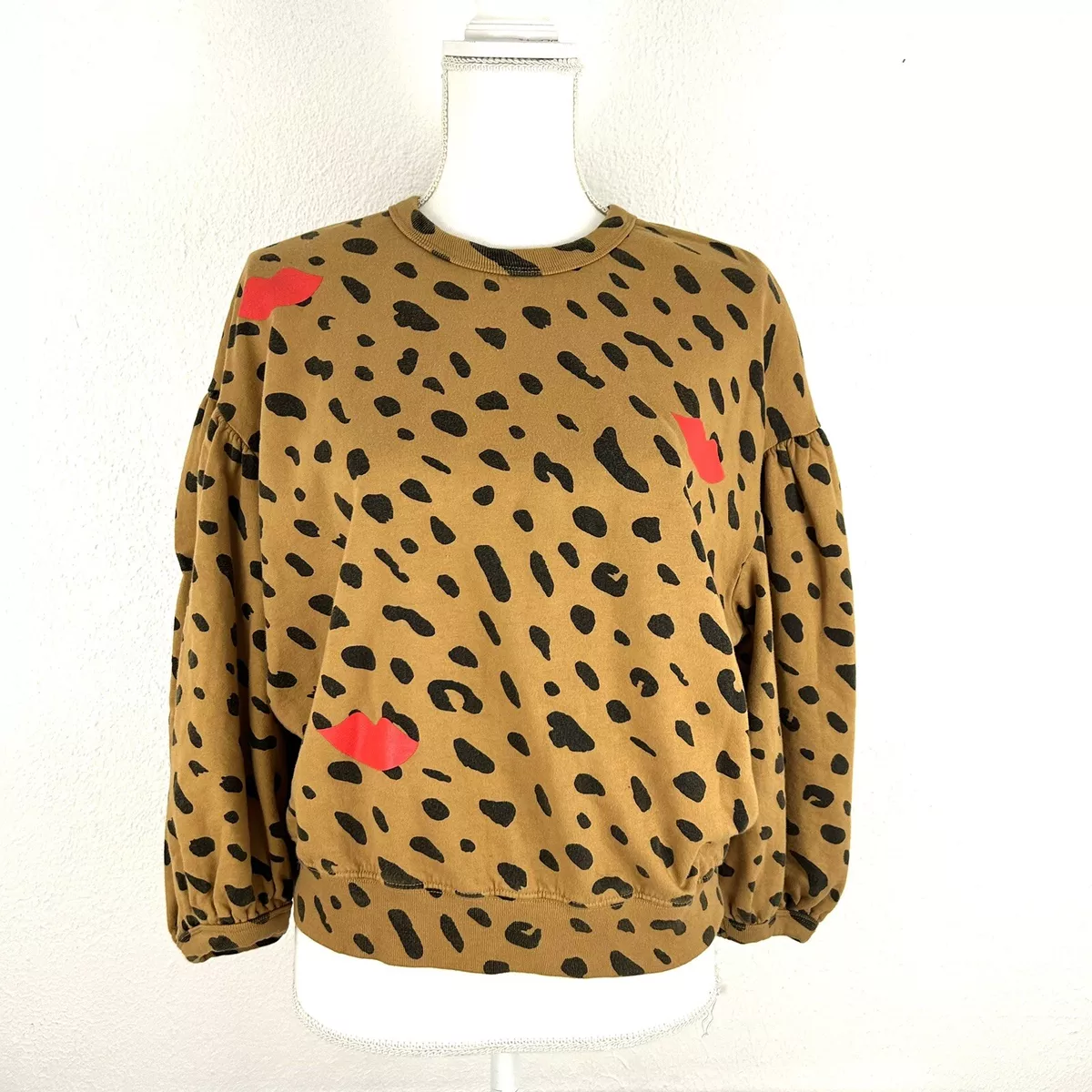 NWOT Clare V Size LG Drop Shoulder Sweatshirt Camel w/ Jaguar & Poppy  Lips