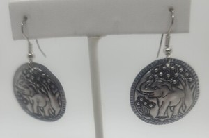 Vintage silver tone dangle pierced ELEPHANT & flowers round earrings