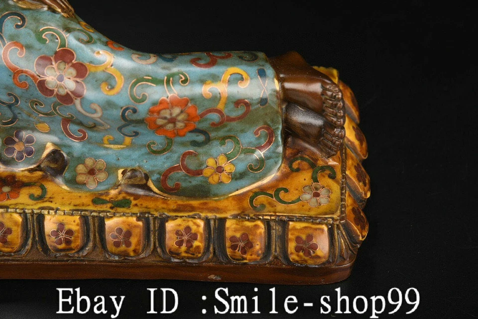 Estatua de Buda Durmiente Shakyamuni de bronce esmaltado Cloisonne de China antigua de 12,5" Foto 4 de 4