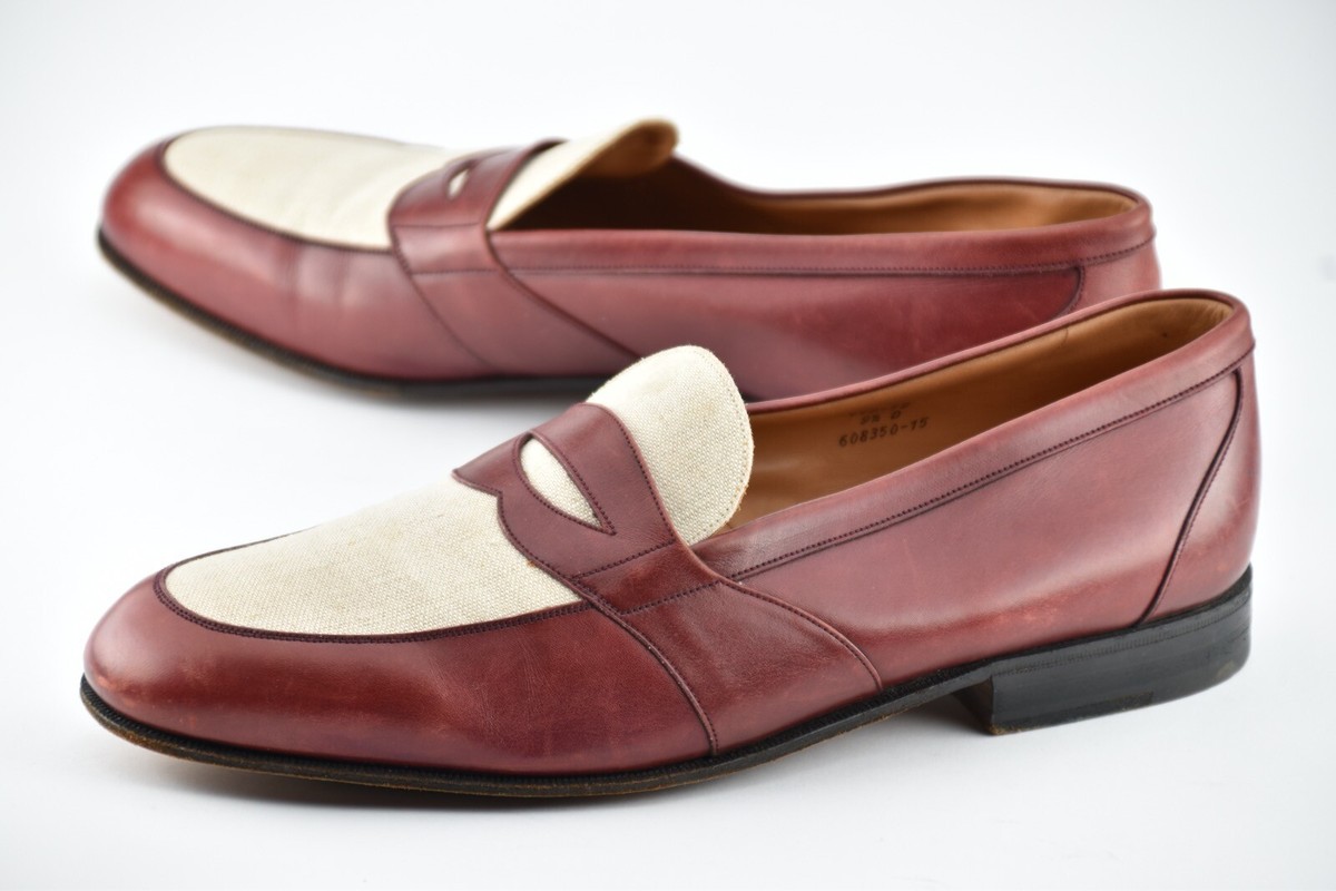 JM WESTON BURGUNDY CALF LINEN TWO TONE PENNY LOAFER SHOES