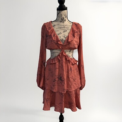 Open Edit Dress Women Large Cutout Long Sleeve Pink Ruffle Floral Mini Dress