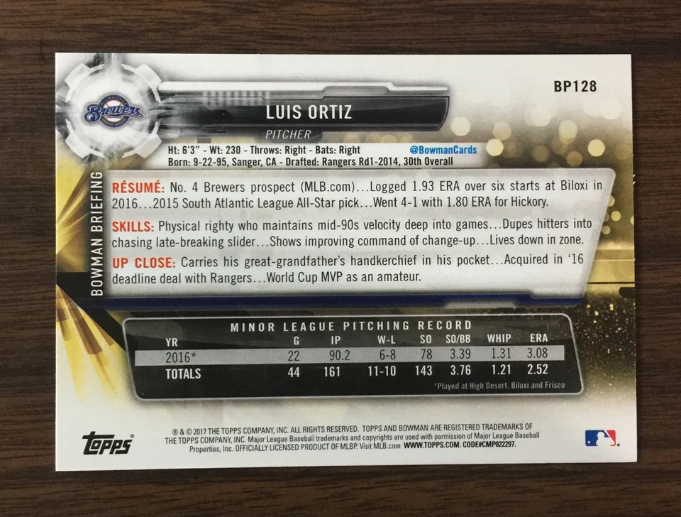 2017 Bowman Prospects #BP128 LUIS ORTIZ   MINT  I9120417 - Image 2 of 4