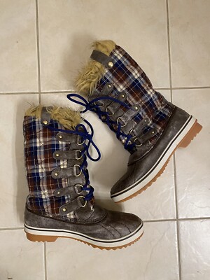 Sorel Winter Boots Women's 8 Tofino Plaid Lace Up Waterproof Faux Fur Snow Cozy
