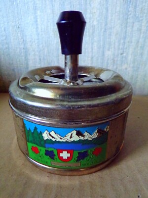 SCHWEIZER DRÜCKER ASCHENBECHER Tole Emaille Ascher Aschenbecher Vintage 60' !