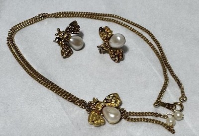 Vintage D Orlan for Nina Ricci Bee Necklace Earrings Set Faux Pearl Signed