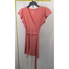 Nine West Coral Pink Flutter Sleeve Faux Wrap Mini Dress Small V-Neck Stretch