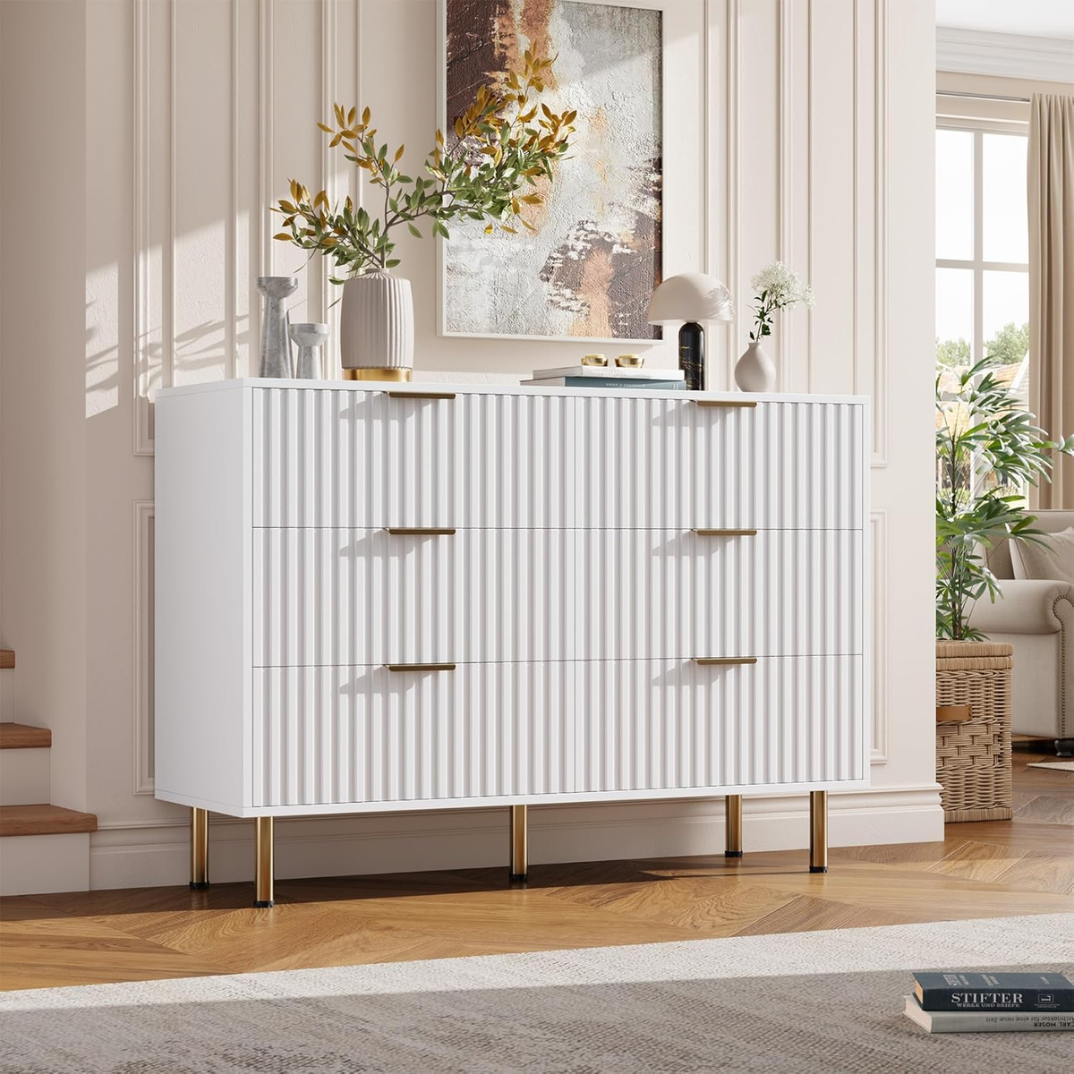 Fluted 6 Drawer Wide Dresser, Modern Chest with Spacious Deep Drawers,  Wooden Or | eBay