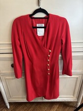 Chanel Vintage Red Wrap Dress CC Logo Buttons Wool Silk 40 Classy 90s Vneck