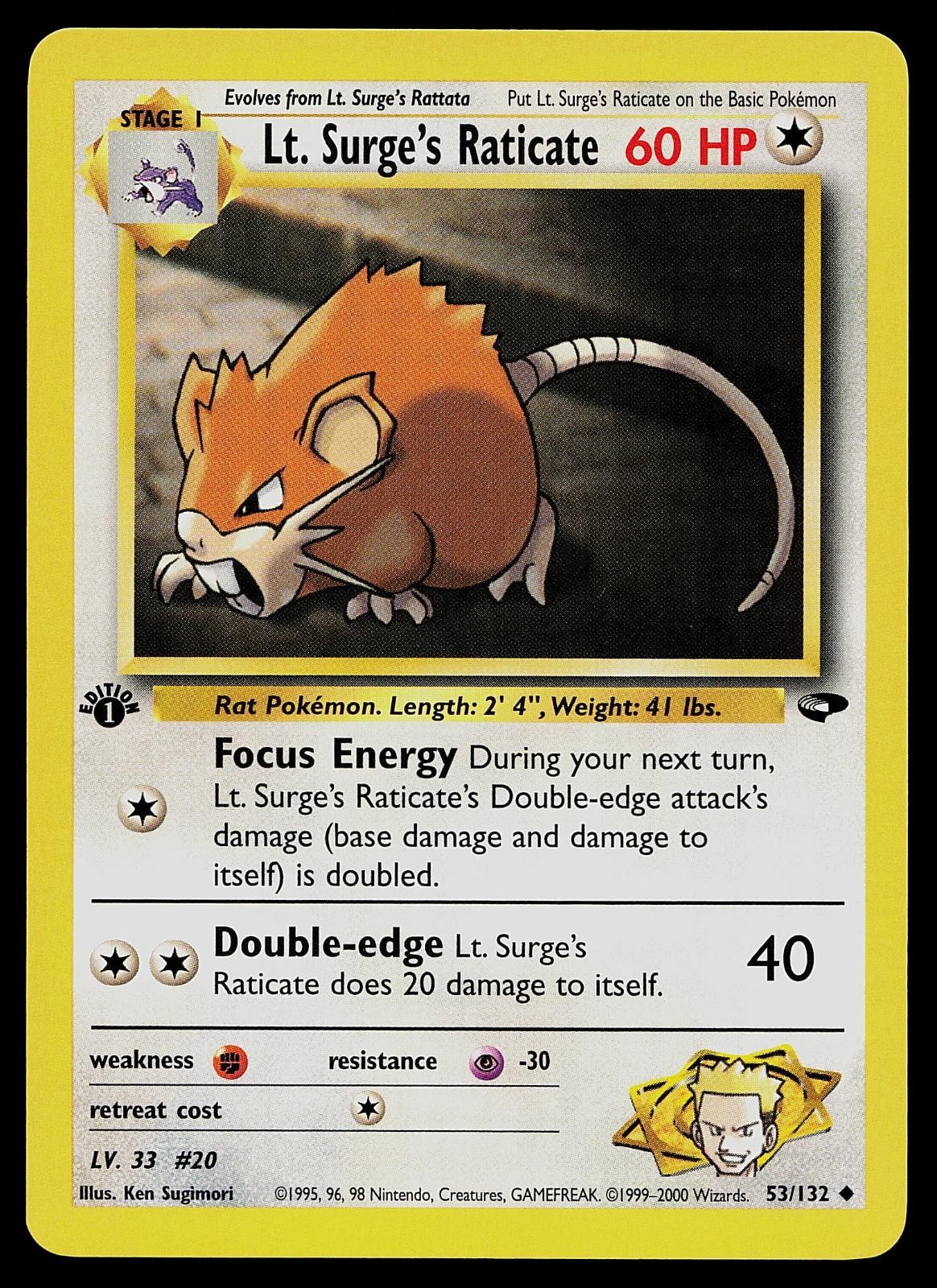 Pokemon Card - Lt. Surge's Raticate Gym Challenge 53/132 1st Edition Uncommon