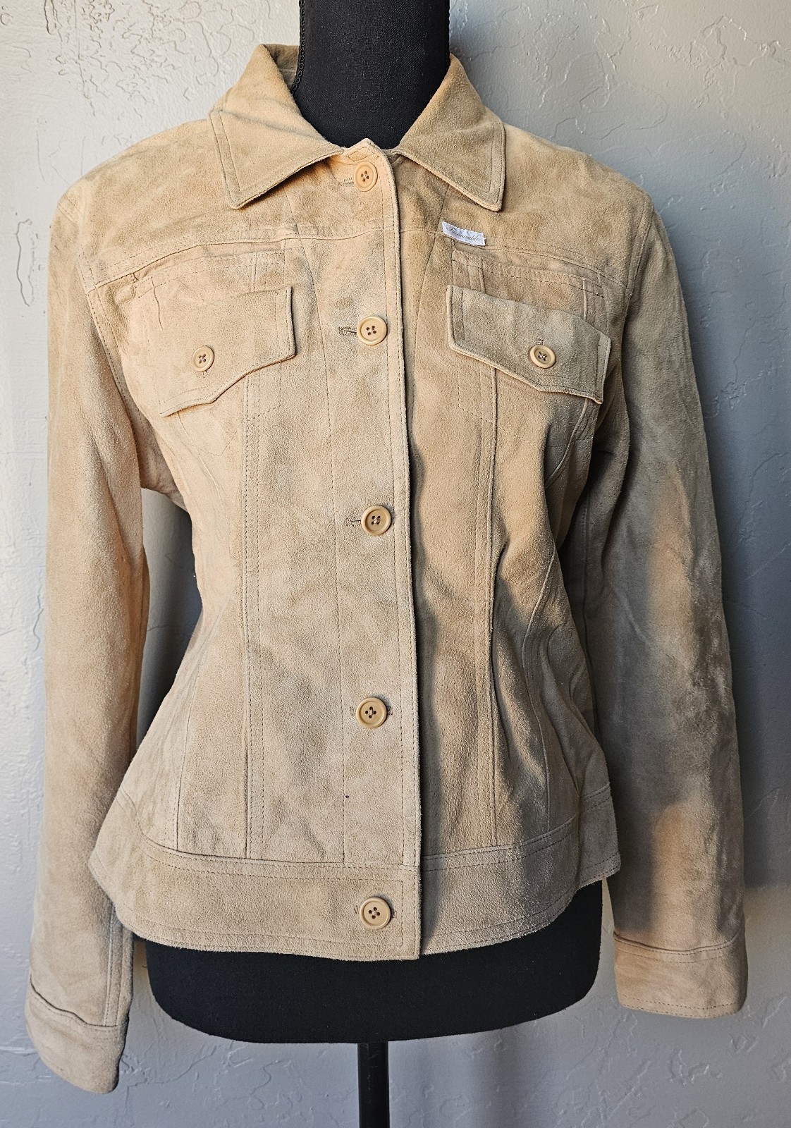 FACONNABLE Women Tan Goatskin Suede Leather Jacket Buttons Up M VTG