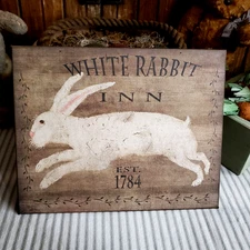 1784 PRIMITIVE ANTIQUE VINTAGE FOLK ART STYLE EASTER BUNNY WHITE RABBIT INN SIGN