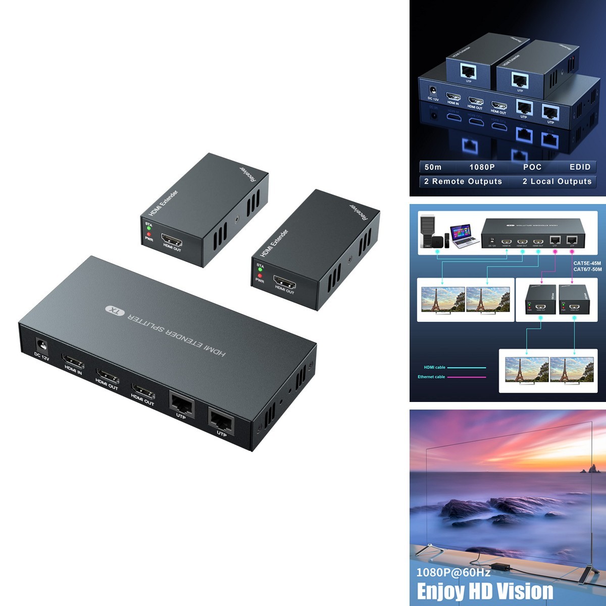 PWAYTEK HDMI Extender Splitter 1x2 1080P@60Hz Cat 5E/6/7 165ft