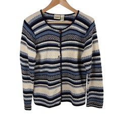 Vtg Cardigan Womens S Blue Cream Striped Knit...