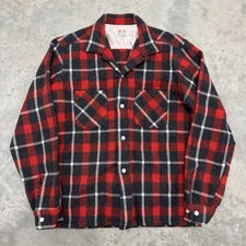 Vintage 60s Campus Plaid Flannel Loop Collar Red Black Medium Wool Blend Board