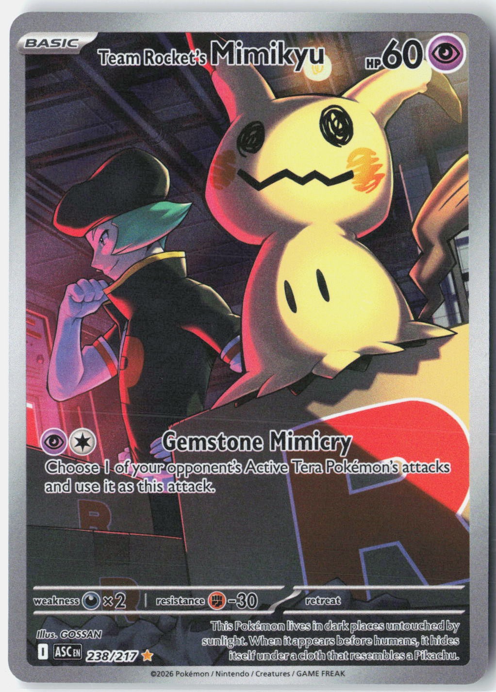 Team Rocket's Mimikyu ME: Ascended Heroes 238/217 Pokemon Card Holo GREAT CENTER