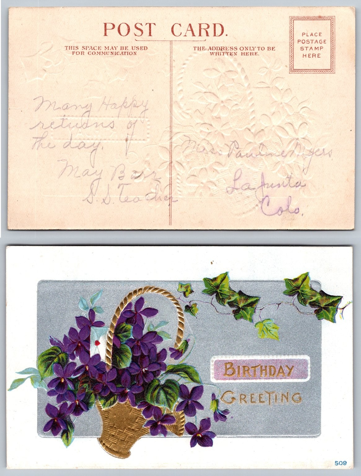 Vintage Embossed Birthday Greeting Postcard Violets Basket Silver ...