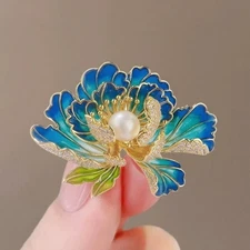 Gold Blue Peony Flower Brooch Pearl Enamel Rhinestone Pin Summer Jewelry Gift