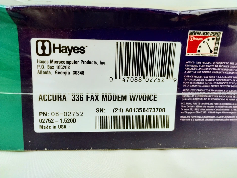 Hayes Accura 336 External Fax Modem w/ Voice – NEW, In Shrinkwrap, Vintage NOS - Image 4 of 4