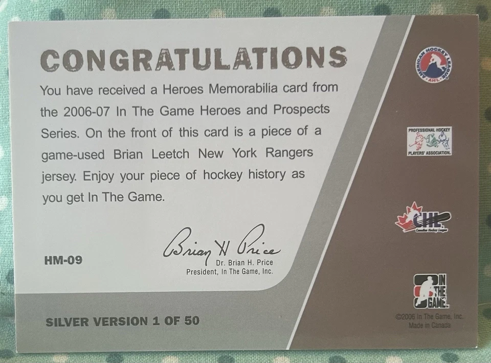 Reliquia de recuerdos usada en el juego Brian Leetch 2006-07 Héroes y perspectivas Foto 2 de 2