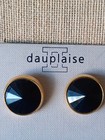 Vintage Goldton Dauplaise  Clip Earrings  Round Black Prisom Cut Plastic Stone — photo 4