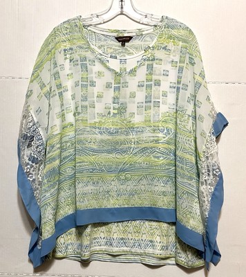 Multiples Women's XL Faux Twin Set Blouse Green Blue Sheer Geometric Paisley Top