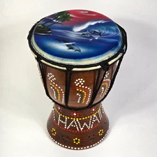 VTG Souvenir Hawaiian Djembe Bongo Drum Wooden Tribal Hand Painted Dolphins 8"