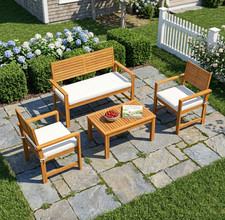 Image of Wooden Garden Furniture Set Rustic Solid Wood 4 Seater Cushion Table Sofa Bench