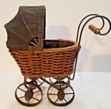 Doll Buggy Carriage Stroller Wood Wicker Metal Black Canvas Top Lining Antique