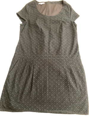 Esprit Black Eyelet Dress 12 Cotton Liner Zip 2 Pockets Drop Waist Cap Sleeve