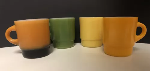 4 Vintage Retro Fire King Anchor Hocking Stackable Multi Color Coffee Mugs 8oz