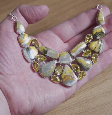 Yellow Black Bumble Bee Jasper Many Stones Necklace 18-19 