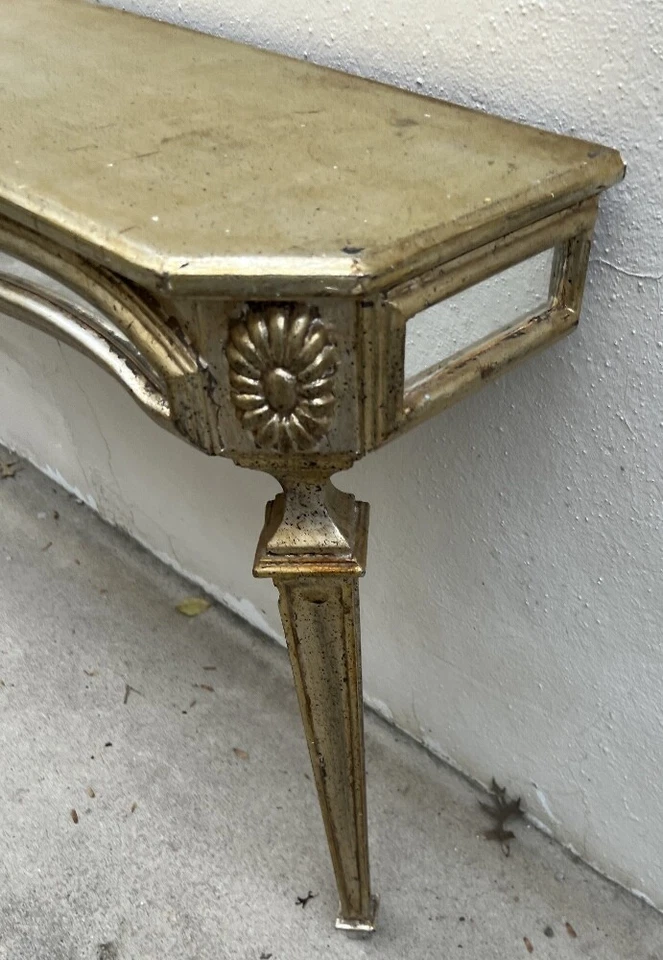 Mesa consola vintage Hollywood Regency florentina veneciana espejada madera con hojas Foto 3 de 4