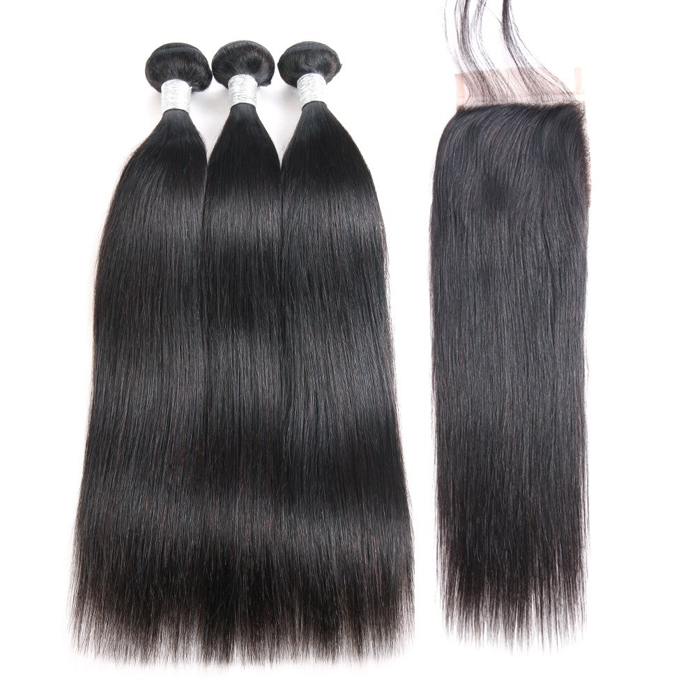 Malaysian  Virgin Hair Straight 3 Bundles 20"22"24" With 20" 4 by 4 Lace Closure