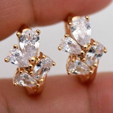 Stunning New 18K Yellow Gold Filled 4 Clear CZ Flower Round Huggie Hoop Earrings