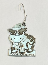 Silver Metal Moo-ey Cute Cow Christmas Tree Holiday Ornament Santa Hat Vintage 