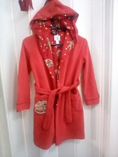Nick Nora Kids Hooded Bath Robe House Coat 7/8 Red Gingerbread Sock Monkeys